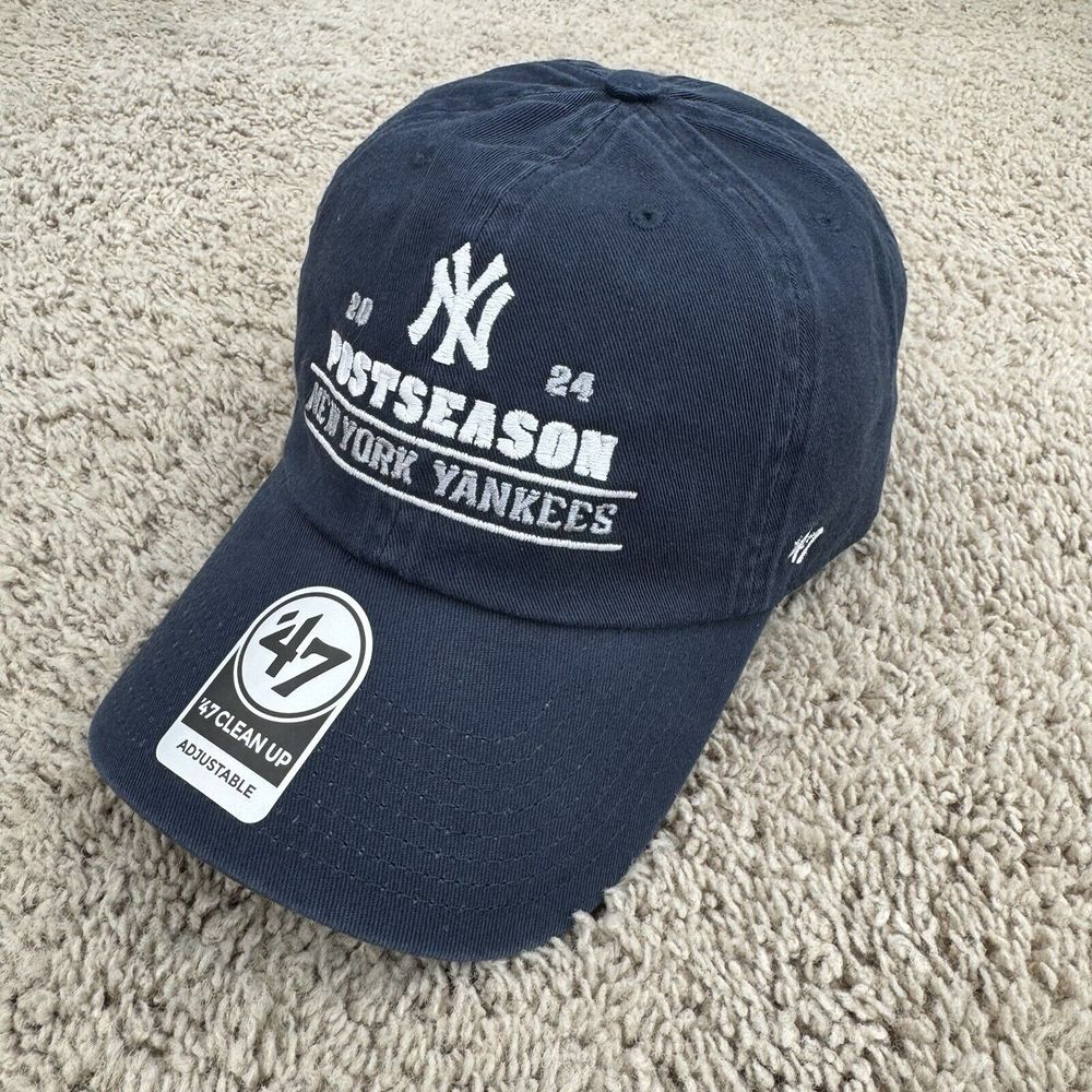 New York Yankees Hat 47 Clean Up Buckle Strap Navy Split Bar Logo '24 Postseason